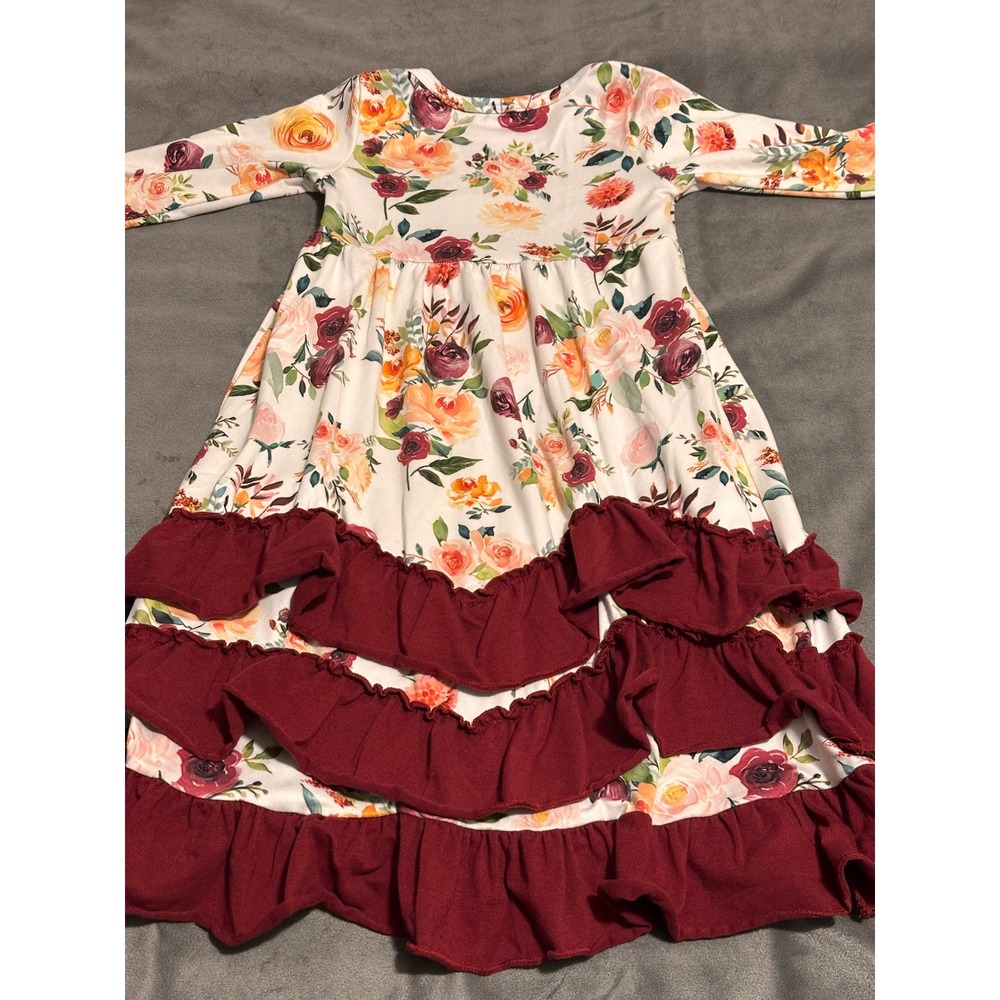 Girls Floral Long Sleeve Tiered Ruffle Dress Burgundy Cream 12-18M